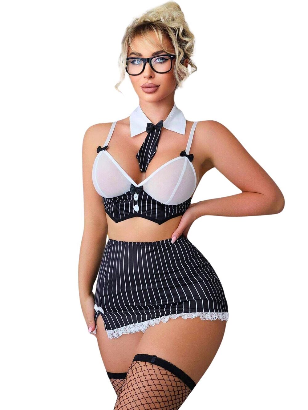 4528 Sexy Mesh Bra Trimmed Skirt Teacher Outfit Costume Lingerie Five-piece